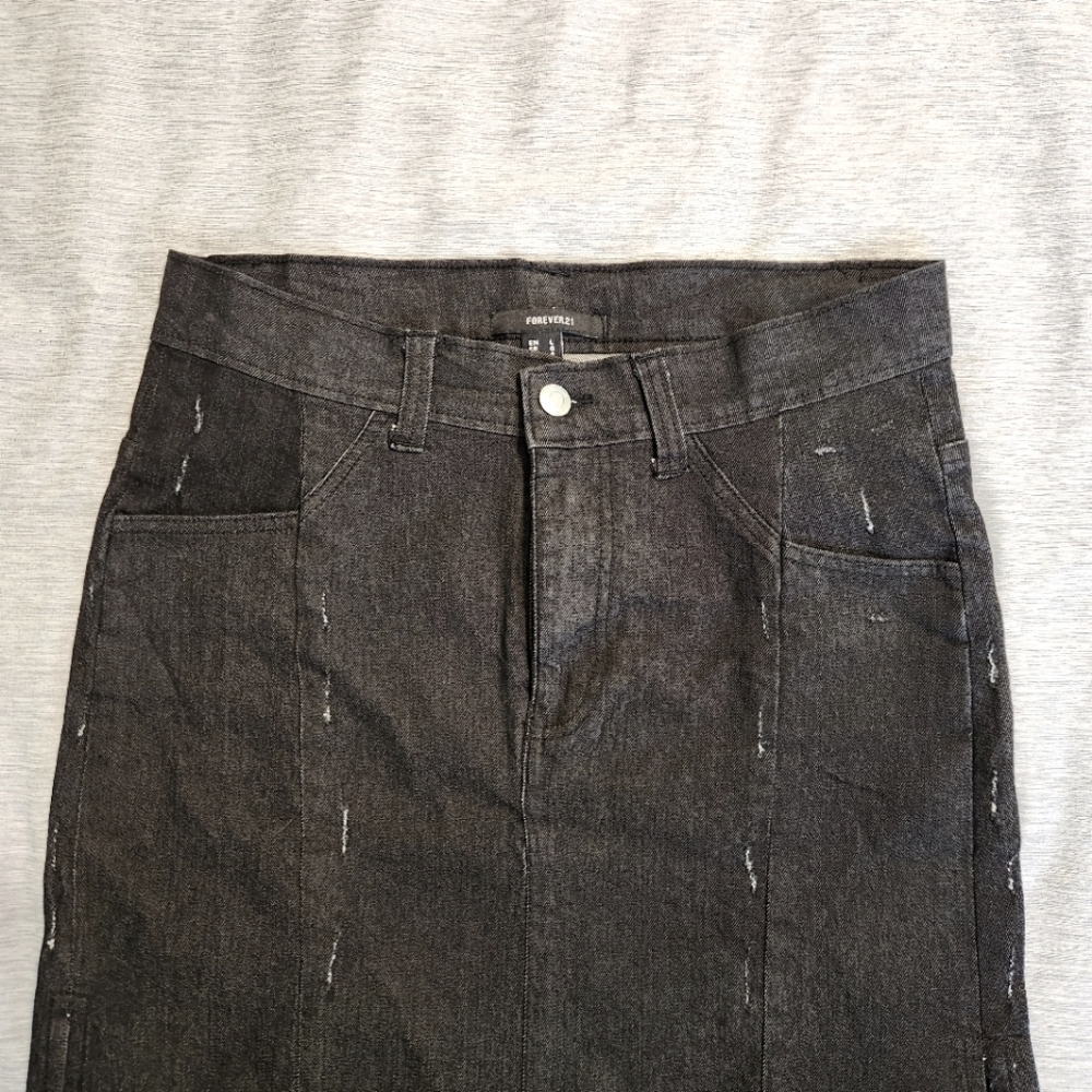 NWOT Forever 21 Black Denim Distressed Maxi Skirt with side slits